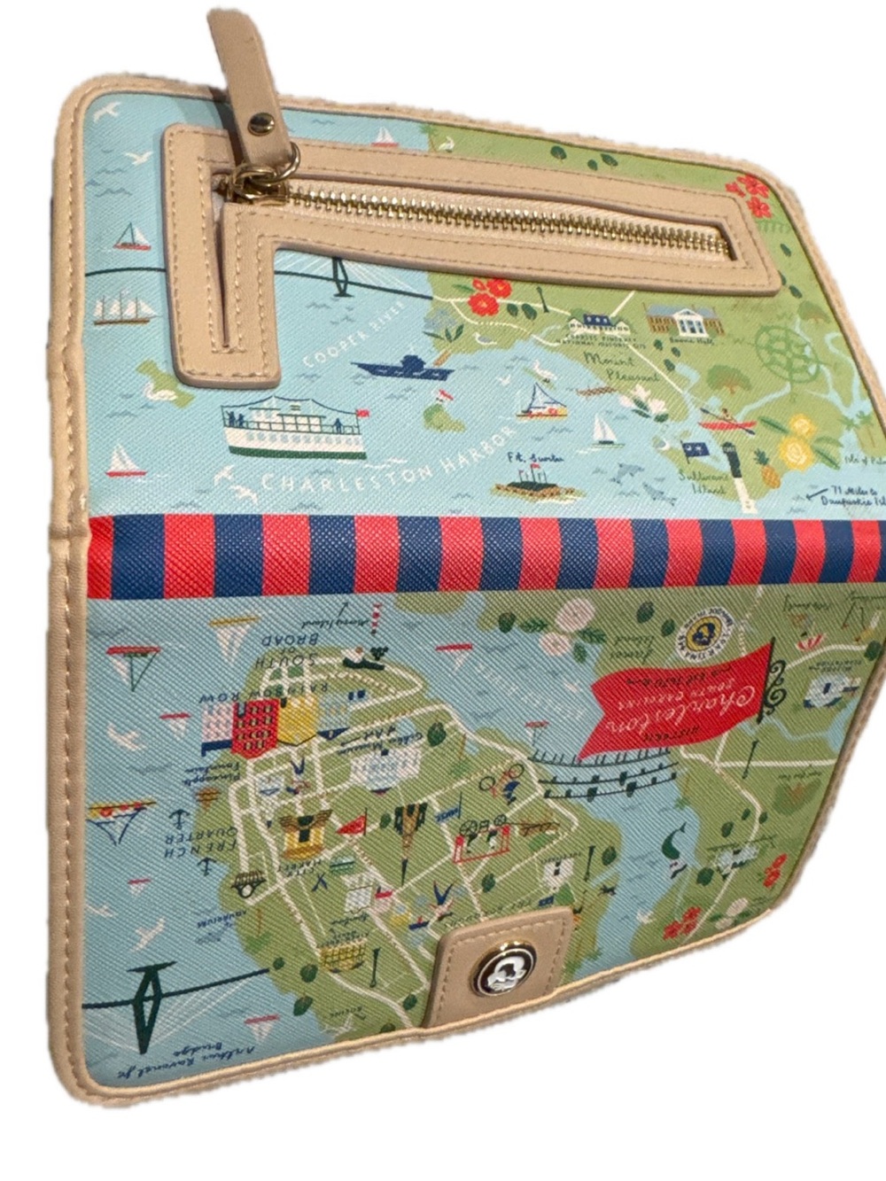 Spartina 449 Charleston Map Zip Pouch in Light Blue, Green & Tan - Picture 4 of 12